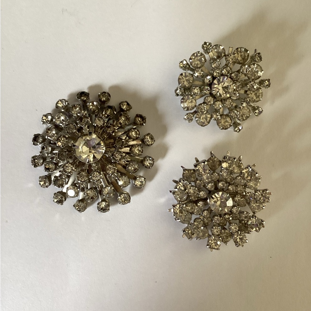 Silver Tone Crystal Trio Brooch Set